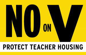 Yellow graphic saying "No on V" in black letters